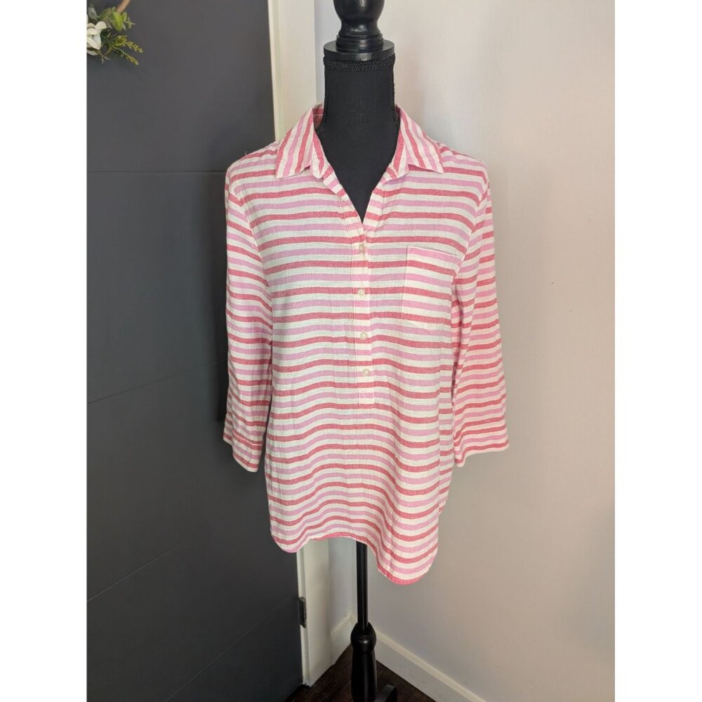 Gap Pink and White Striped Linen Cotton Blend Popover Top w/ Roll Tab Sleeves: S